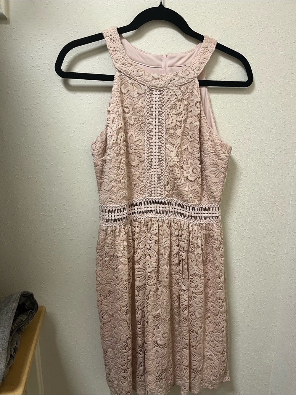 by & by Pale Blush Crochet Halter Dress